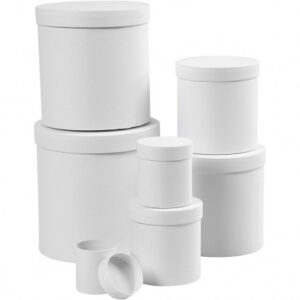 Æsker, runde, diam. 7+9 +12+14,5 +17+19,5 +22 cm, H: 7,5+10,2 +12,7+15,2 +17,7+20,2 +22,7 cm, hvid, 7stk.