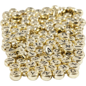 Bogstavperler, diam. 7 mm, hulstr. 1 mm, guld, 165g/ 1 pk.