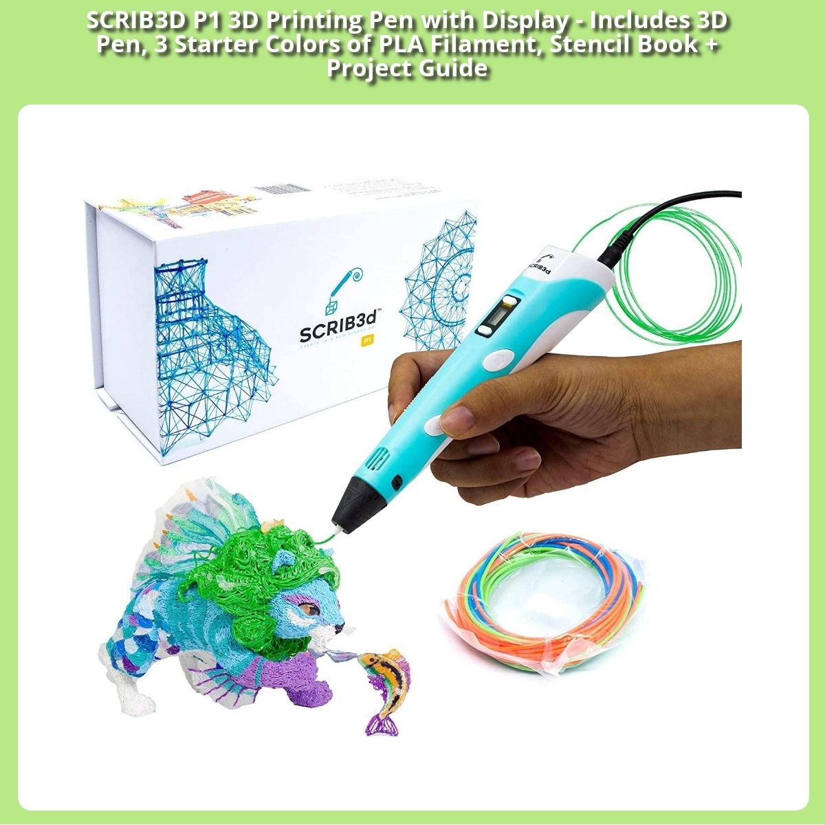 Anmeldelse af SCRIB3D P1 3D Printing Pen with Display - Includes 3D Pen, 3 Starter Colors of PLA Filament, Stencil Book + Project Guide